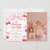 Pink Coquette Cherry On Top Birthday Party Photo 招待状 (正面)