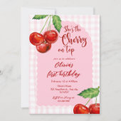 pink Coquette Cherry on top Girl 1st Birthday  招待状 (正面)