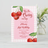 pink Coquette Cherry on top Girl 1st Birthday  招待状 (スタンド正面)
