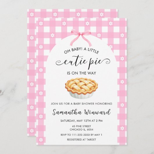 Pink Coquette Cutie Pie Baby Shower 招待状 (正面/裏面)