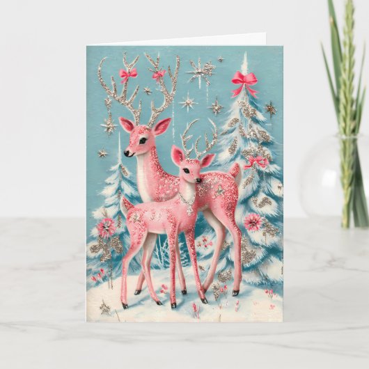 Pink Coquette Deer Vintage Christmas カード (正面)