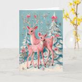 Pink Coquette Deer Vintage Christmas カード (黄色い花)