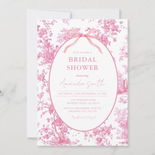 Pink Coquette Floral Toile Bridal Shower 招待状 (正面)