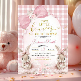 Pink Coquette Gingham Twin Bunnies Baby Shower 招待状