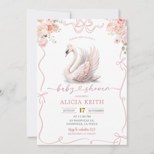 Pink Coquette Girl Crowned Swan Invitation 招待状 (正面)