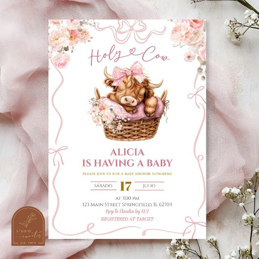 Pink Coquette Girl Highland Cow Baby Shower 招待状