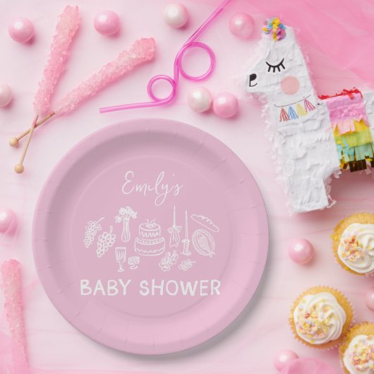 Pink coquette modern hand drawn baby shower ペーパープレート (パーティー)