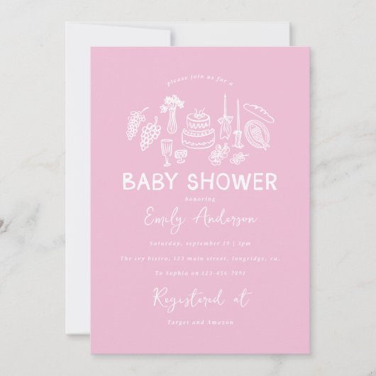 Pink coquette modern hand drawn baby shower 招待状 (正面)