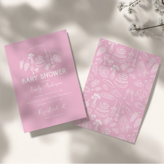 Pink coquette modern hand drawn baby shower 招待状