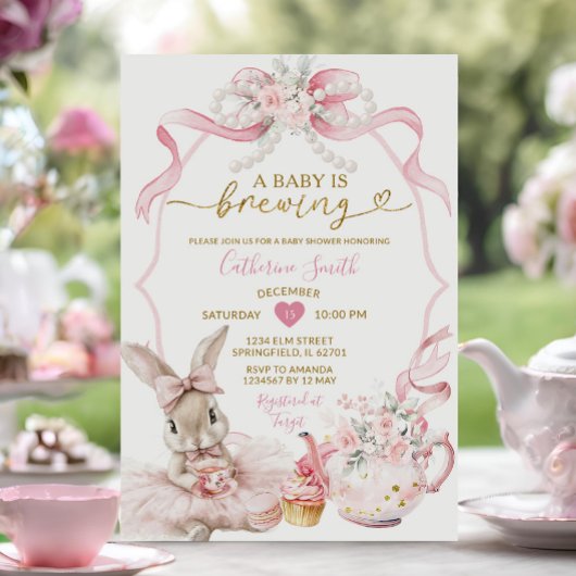 Pink Coquette Pearl Brewing Bunny Girl Baby Shower 招待状