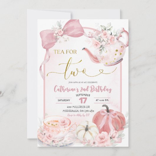Pink Coquette Pumpkin Tea For Two Second Birthday 招待状 (正面)