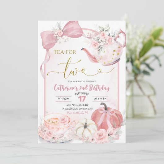 Pink Coquette Pumpkin Tea For Two Second Birthday 招待状 (スタンド正面)