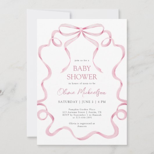 Pink Coquette Ribbon Bow Blush Frame Baby Shower 招待状 (正面)