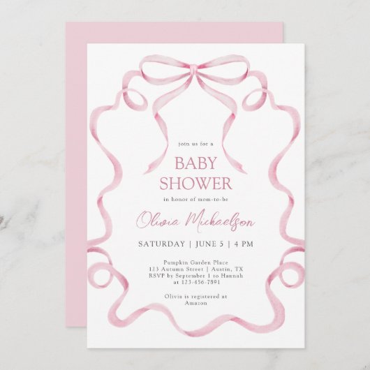 Pink Coquette Ribbon Bow Blush Frame Baby Shower 招待状 (正面/裏面)