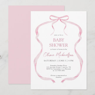Pink Coquette Ribbon Bow Elegant Girl Baby Shower 招待状