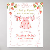 Pink Coquette Strawberry Baby Shower Welcome Sign ポスター (正面)