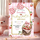 Pink Coquette Strawberry Gingham First Birthday 招待状