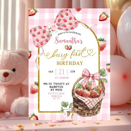 Pink Coquette Strawberry Gingham First Birthday 招待状