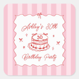 Pink Coquette Striped Vintage Hand Drawn Birthday スクエアシール