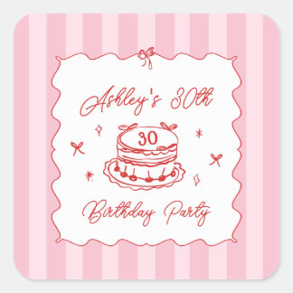 Pink Coquette Striped Vintage Hand Drawn Birthday スクエアシール