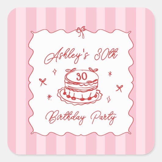 Pink Coquette Striped Vintage Hand Drawn Birthday スクエアシール (正面)