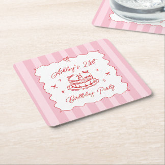 Pink Coquette Striped Vintage Hand Drawn Birthday スクエアペーパーコースター