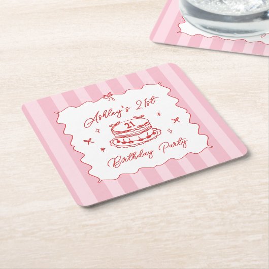Pink Coquette Striped Vintage Hand Drawn Birthday スクエアペーパーコースター (アングル)
