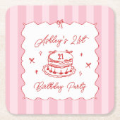 Pink Coquette Striped Vintage Hand Drawn Birthday スクエアペーパーコースター (正面)