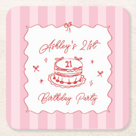 Pink Coquette Striped Vintage Hand Drawn Birthday スクエアペーパーコースター