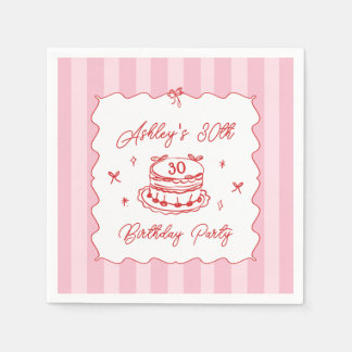 Pink Coquette Striped Vintage Hand Drawn Birthday スタンダードカクテルナプキン