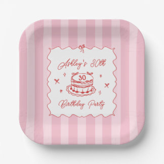 Pink Coquette Striped Vintage Hand Drawn Birthday ペーパープレート