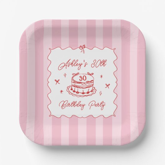 Pink Coquette Striped Vintage Hand Drawn Birthday ペーパープレート (正面)