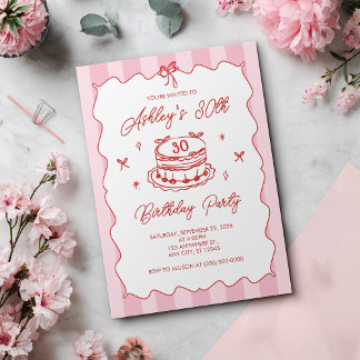 Pink Coquette Striped Vintage Hand Drawn Birthday 招待状