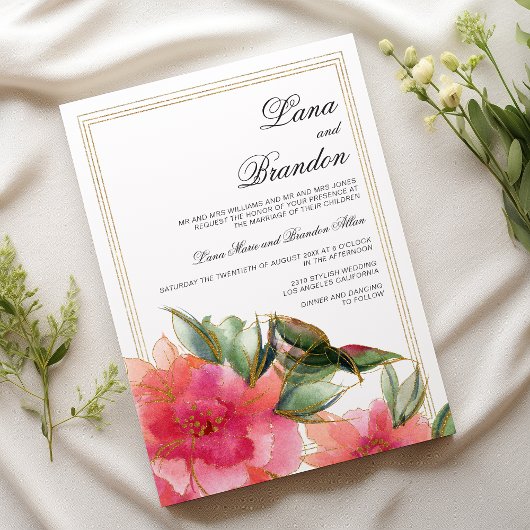 Pink coral mint white gold glitter floral wedding 招待状