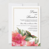 Pink coral mint white gold glitter floral wedding 招待状 (正面)