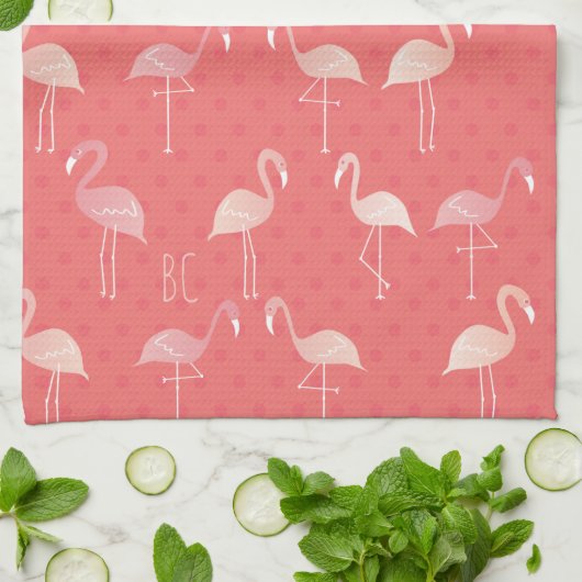 Pink Coral Red Flamingo Pattern Personalized キッチンタオル (折り畳み)