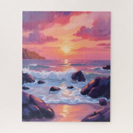 Pink Coral Sunset | Ocean Waves Watercolor ジグソーパズル