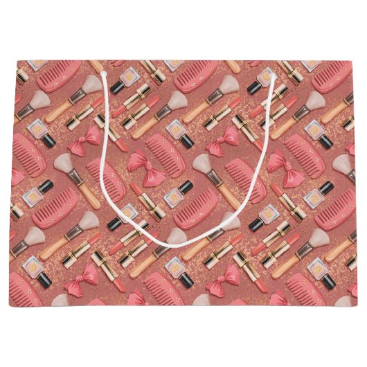 Pink Cosmetics Pattern Glitter  ラージペーパーバッグ (正面)