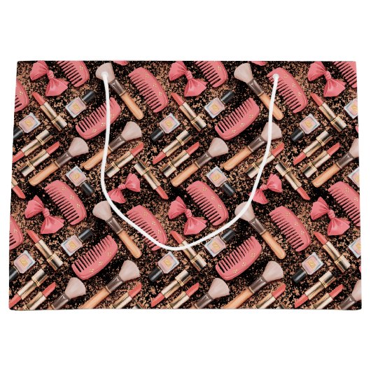 Pink Cosmetics Pattern Glitter ラージペーパーバッグ (正面)