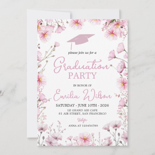 Pink Cosmos & Bee Graduation Invitation 招待状 (正面)