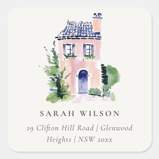 Pink Cottage Landscape Home Moved Address スクエアシール (正面)