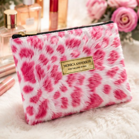 Pink Cow Print Faux Fur アクセサリーポーチ