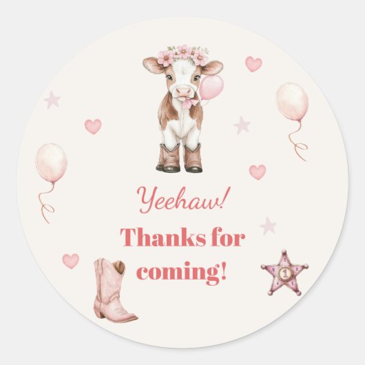 Pink Cowgirl Birthday Invitation | Farm Theme 1st  ラウンドシール (正面)