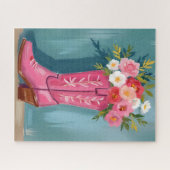 Pink Cowgirl Boot Flower Bouquet Watercolor ジグソーパズル (横)