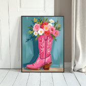 Pink Cowgirl Boot Flower Bouquet Watercolor ポスター