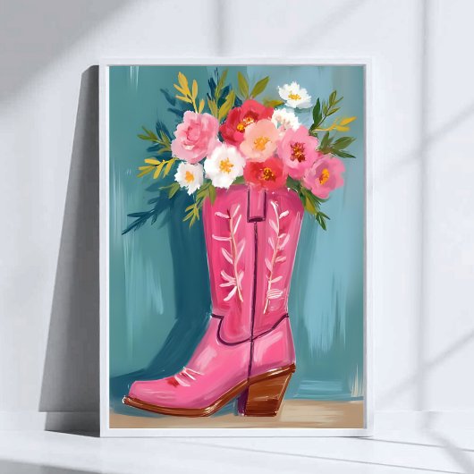Pink Cowgirl Boot Flower Bouquet Watercolor ポスター