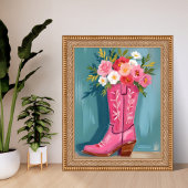 Pink Cowgirl Boot Flower Bouquet Watercolor ポスター
