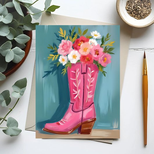 Pink Cowgirl Boot Flower Bouquet Watercolor ポストカード