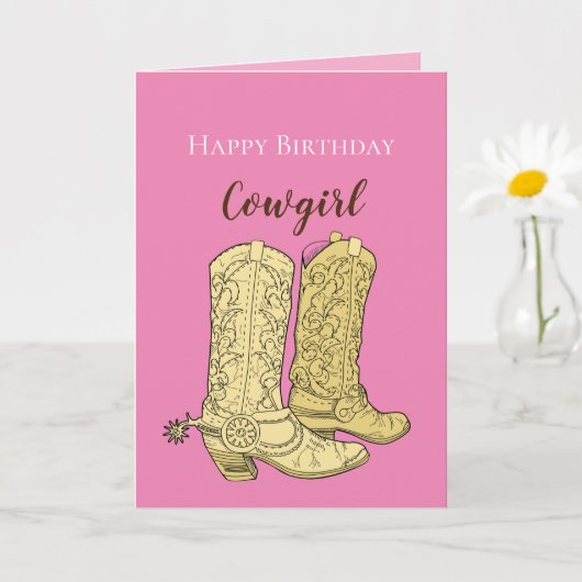 Pink Cowgirl Cowboy Boots Birthday カード (小さな植物)