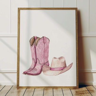 Pink Cowgirl Hat Boots Poster Kids Room Decor ポスター